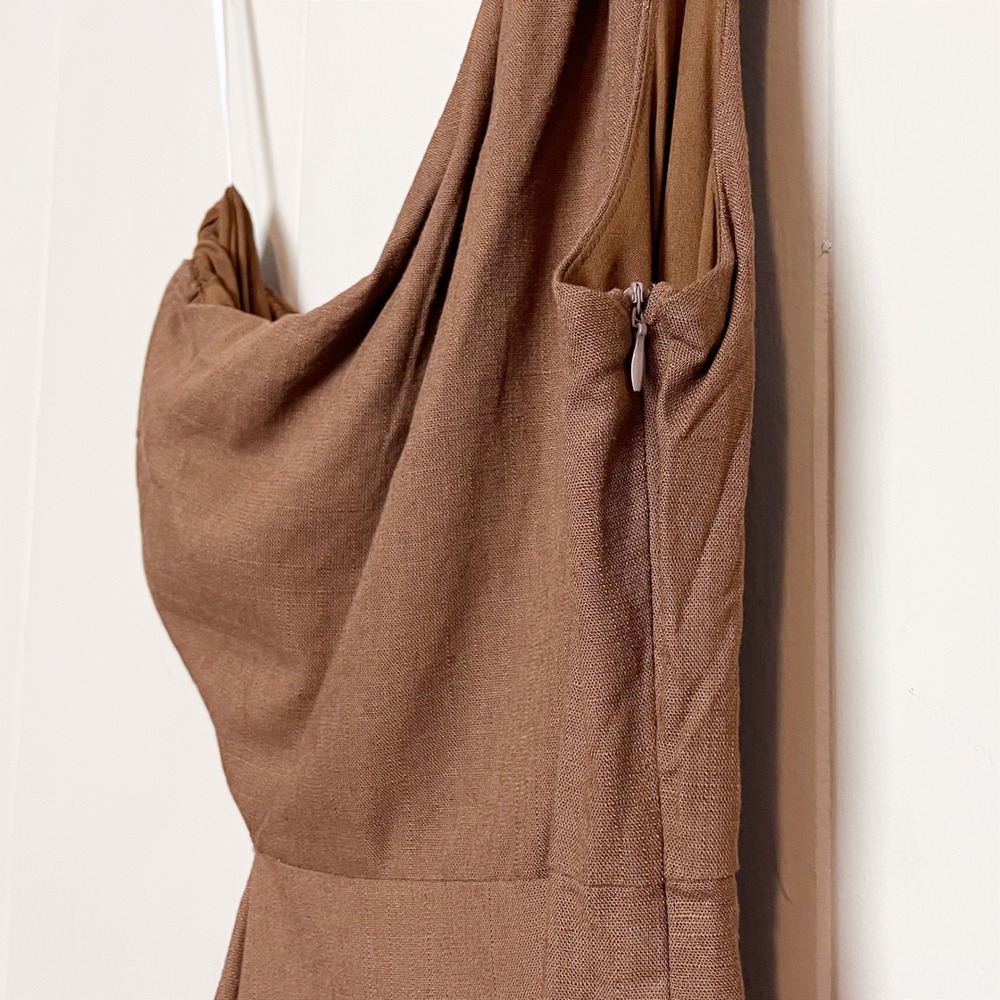 Billy J NWT Cleo Mini Dress 6 Brown One Shoulder Cutout Linen Blend Minimalist - Picture 6 of 13